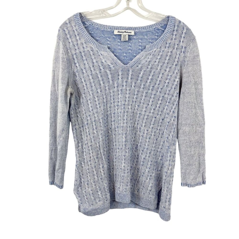 Tommy Bahama Light Blue Cable Knit Linen Sweater Lightweight Coastal Size Small